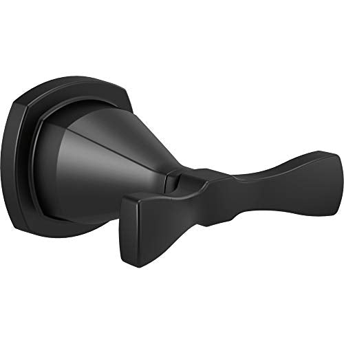 Black double robe hook with curved cylindrical body and angled lever handles on square wall mount.