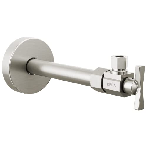 Brushed nickel angled supply stop valve with lever handle and wall-mounted round flange.