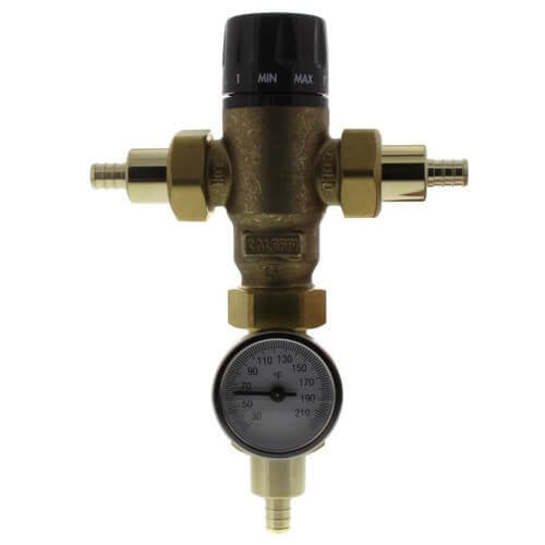 Brass 3-way mixing valve with black adjustment knob, temperature gauge, and PEX crimp connections.