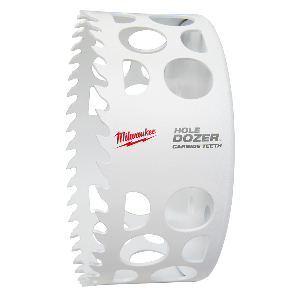 White cylindrical hole saw with carbide teeth around the edge and multiple circular cutouts on the body.