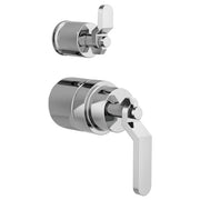 Chrome and gray pressure balance valve with integrated diverter and industrial lever handles, shown in two views.