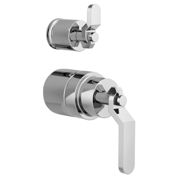 Chrome and gray pressure balance valve with integrated diverter and industrial lever handles, shown in two views.
