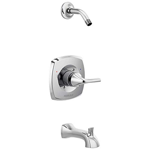 Chrome tub and shower trim kit with curved showerhead, lever handle valve, and spout.