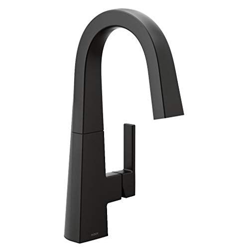 Matte black single-handle bar faucet with pull-down spout and rectangular handle.