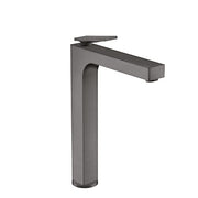 Brushed black chrome single-hole bathroom faucet with tall cylindrical base, horizontal spout, and lever handle.