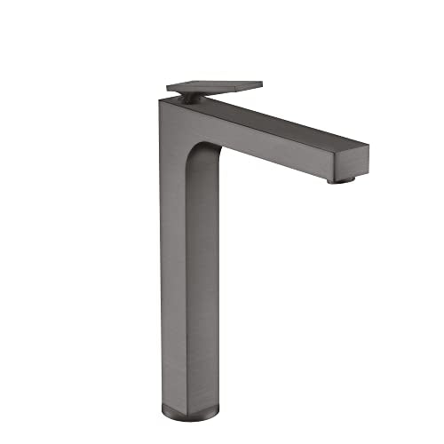 Brushed black chrome single-hole bathroom faucet with tall cylindrical base, horizontal spout, and lever handle.