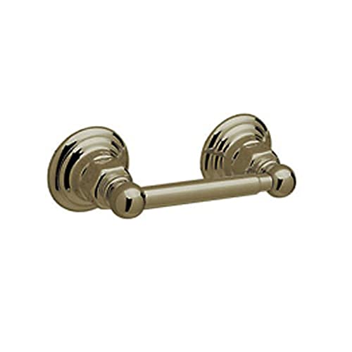 Polished chrome toilet paper holder with spring-loaded mechanism and decorative circular wall mounts on both ends.