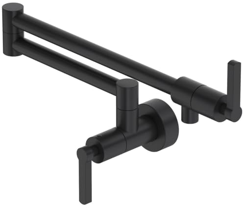 Matte black wall-mounted pot filler faucet with articulating arm and lever handles.
