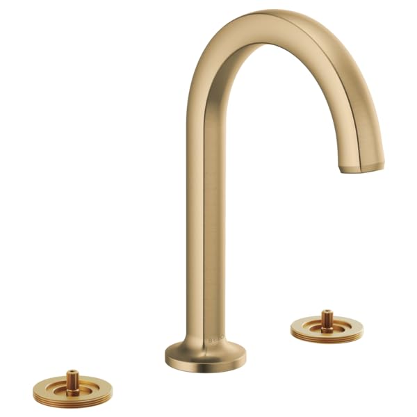 Champagne bronze widespread lavatory faucet with curved arc spout and two circular base handles.