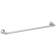 Chrome towel bar with decorative end caps mounted horizontally for wall installation.