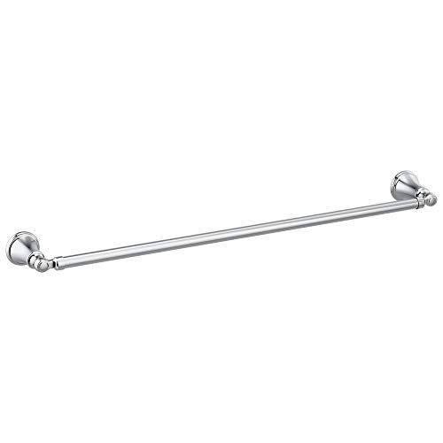 Chrome towel bar with decorative end caps mounted horizontally for wall installation.