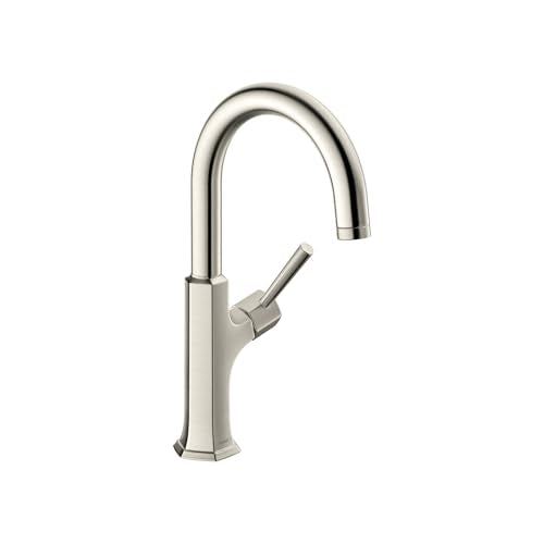 Hansgrohe Locarno bar faucet with curved spout, single lever handle, and steel optic finish.