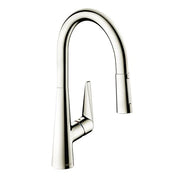 Polished nickel high-arc kitchen faucet with pull-down spray head and single lever handle.