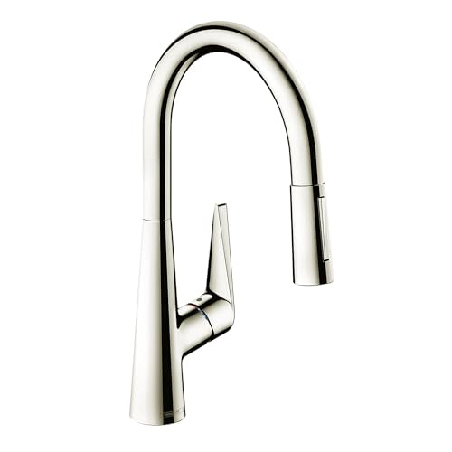 Polished nickel high-arc kitchen faucet with pull-down spray head and single lever handle.