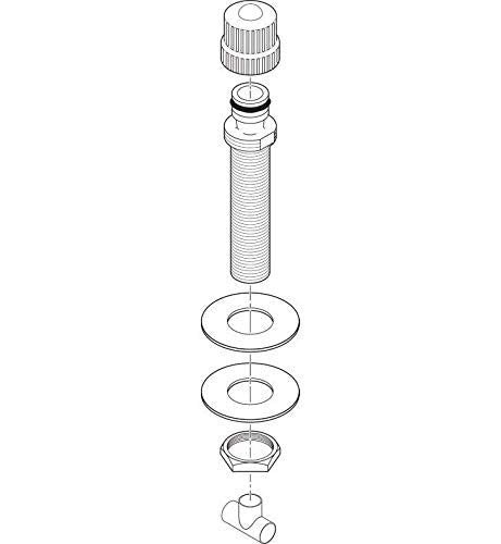 Delta RP18364 spout adapter components shown disassembled including cap, threaded stem, washers, and connector fitting.