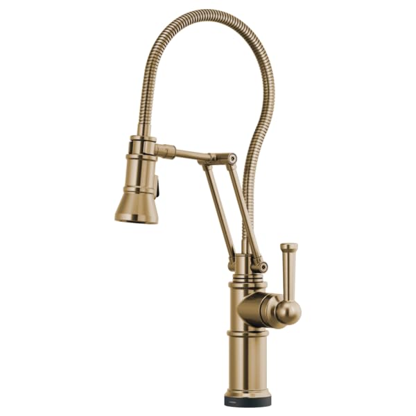 Champagne bronze articulating kitchen faucet with coiled hose and single lever handle.