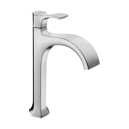 Chrome single-hole bathroom faucet with curved spout and lever handle.