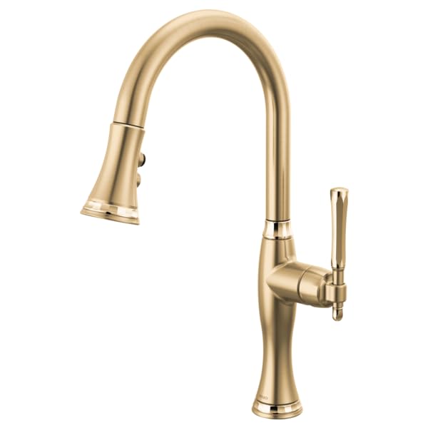 Champagne bronze pull-down kitchen faucet with curved spout and single lever handle.