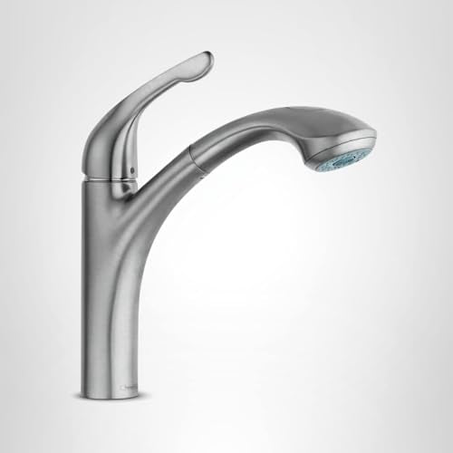 Steel Optic kitchen faucet with single lever handle and pull-out spray head.