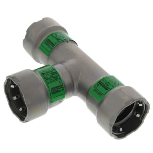 Gray metal press tee fitting with green identification bands and black end connectors on three branches.
