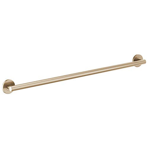 Brushed gold 42-inch linear round grab bar with circular wall-mounted end caps.