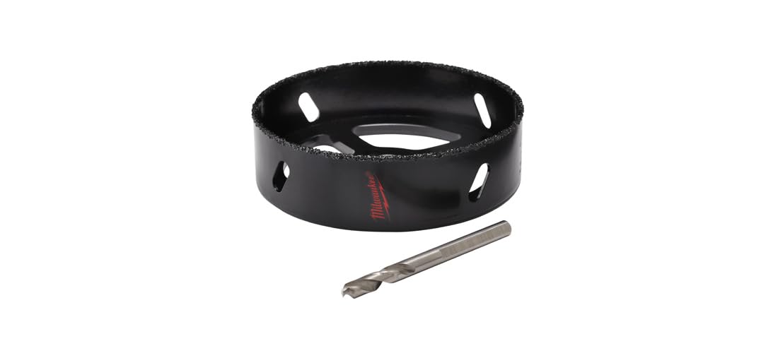 Black cylindrical hole saw with ventilation holes and gray center bit on white background.