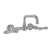 Polished chrome wall-mount bridge faucet with U-shaped spout and lever handles.