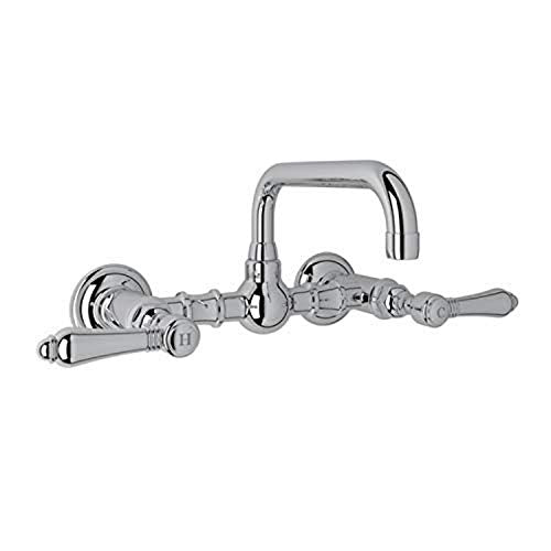 Polished chrome wall-mount bridge faucet with U-shaped spout and lever handles.