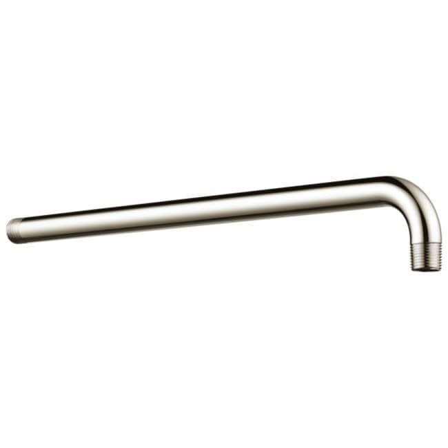 Polished nickel shower arm with 90-degree bend and threaded connection port.