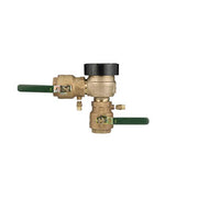 Brass pressure vacuum breaker with black cap, two green handles, and small outlet port on the side.
