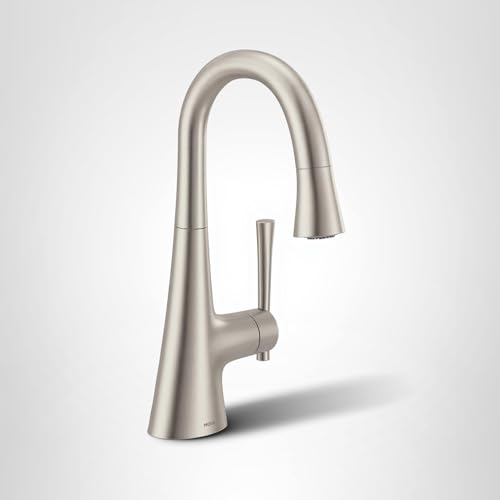 Stainless steel single-handle pulldown kitchen faucet with curved spout and side lever control.
