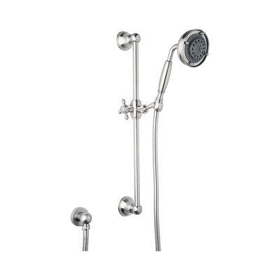 Polished nickel handshower set with 22" slide bar, adjustable holder, and 3-function showerhead.