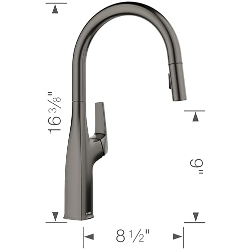 Satin dark steel pull-down kitchen faucet with curved spout and single lever handle, 16 3/8 inches tall.