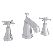 Polished chrome three-piece widespread lavatory faucet with cross handles and arched spout.