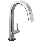 Chrome single-handle kitchen faucet with arched pull-down spout and square base.