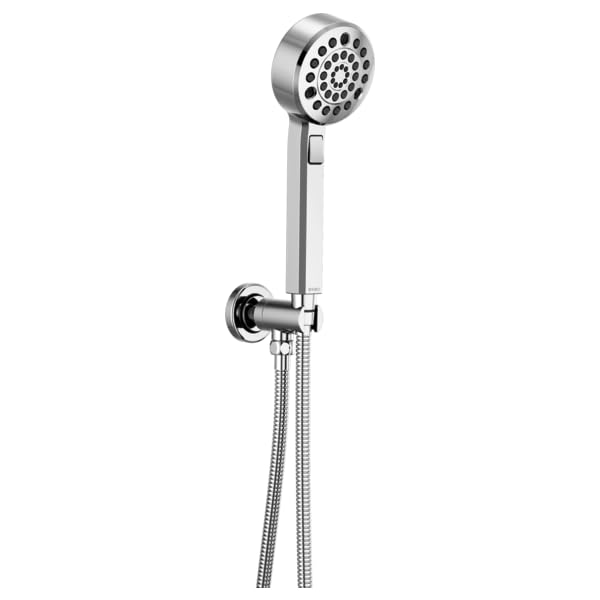 Chrome wall-mount handshower with circular spray head, adjustable holder, and flexible hose connection.