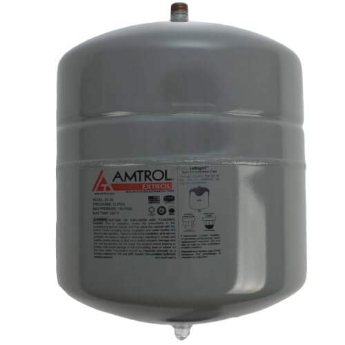 Gray cylindrical boiler expansion tank with AMTROL brand label and 1" NPT connection port on top.
