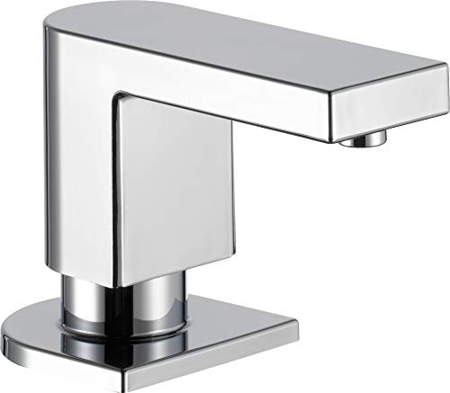 Chrome soap dispenser with rectangular pump head and square base on white background.