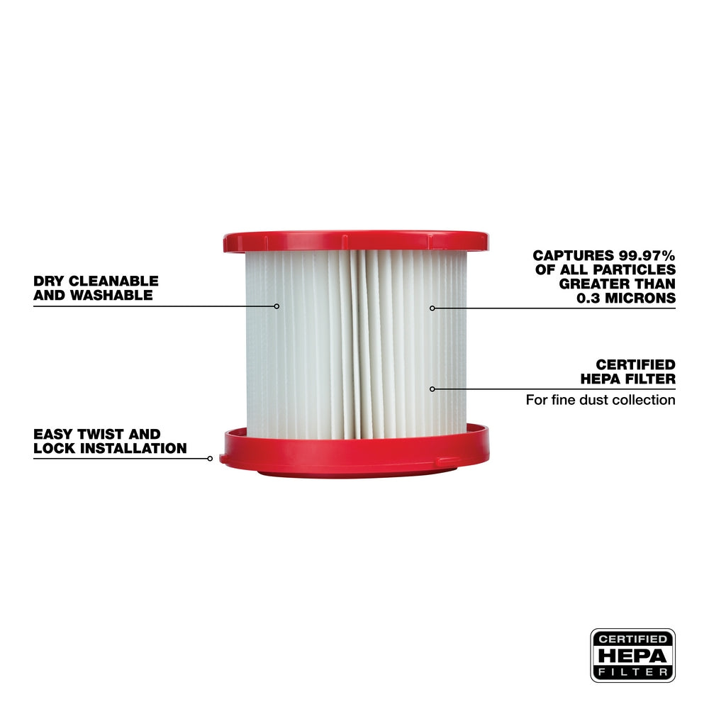 Cylindrical HEPA filter with red top and bottom caps and white pleated filter material in center.