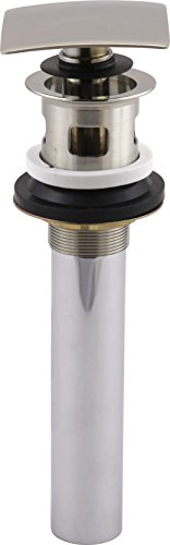 Chrome square push pop-up sink drain with overflow and black rubber seal.