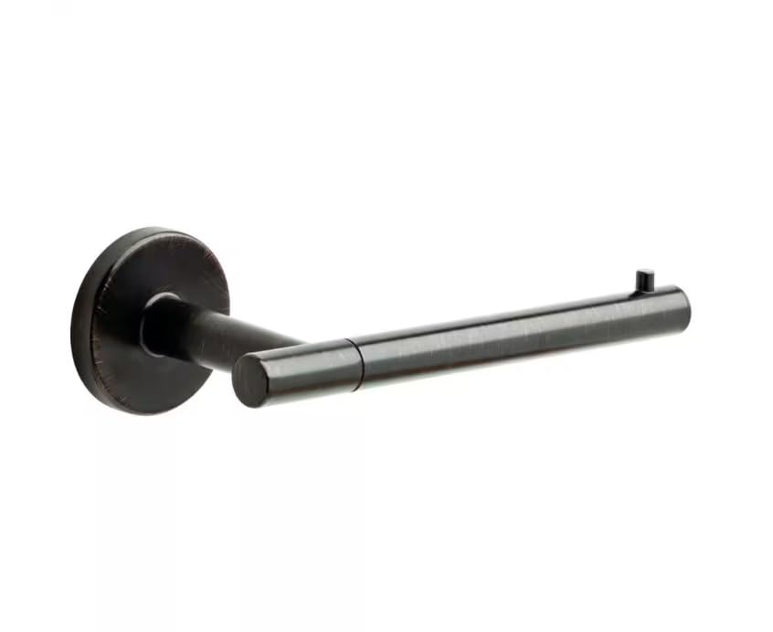 Black metal tissue holder with cylindrical bar and circular wall-mounted base.