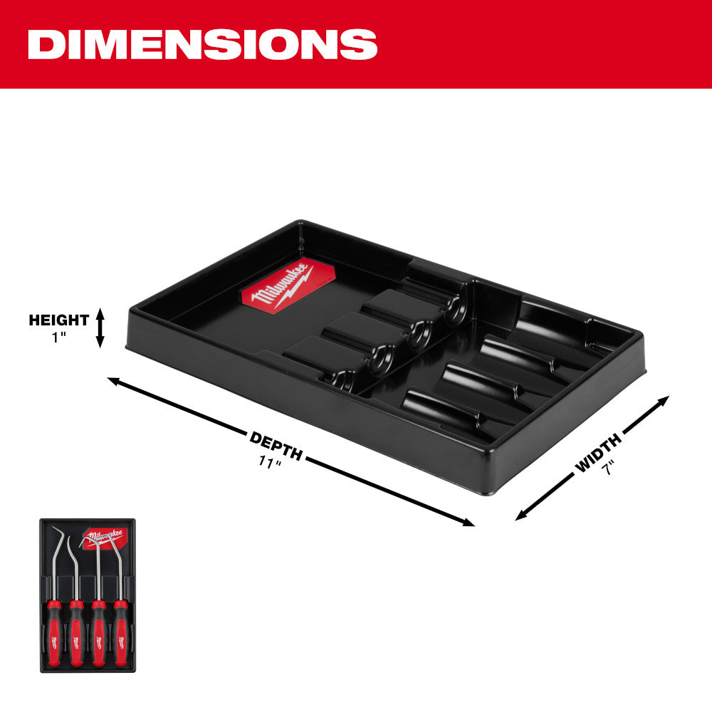 Four hose picks with red handles and black tips arranged in a black storage tray.