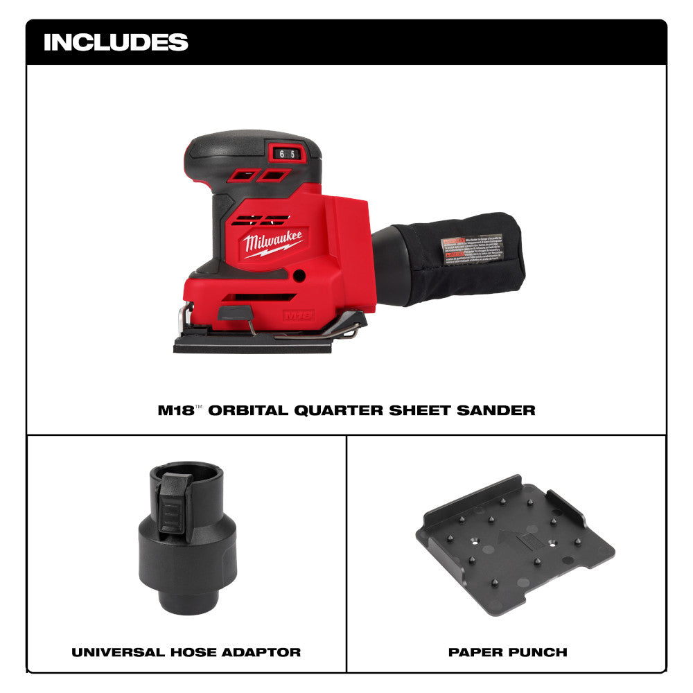 Red and black M18 orbital quarter sheet sander with universal hose adaptor and paper punch accessory.