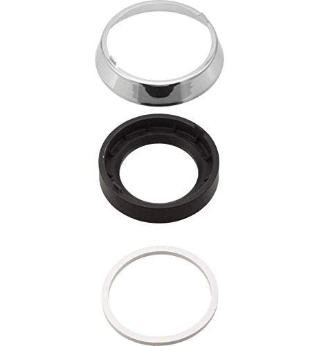 Chrome trim ring, black rubber gasket, and white rubber base ring stacked vertically.