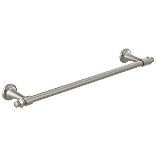 Stainless steel towel bar with circular wall-mounted brackets on each end.
