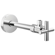 Chrome angled supply stop valve with cross handle and wall-mounted circular flange.