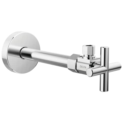 Chrome angled supply stop valve with cross handle and wall-mounted circular flange.