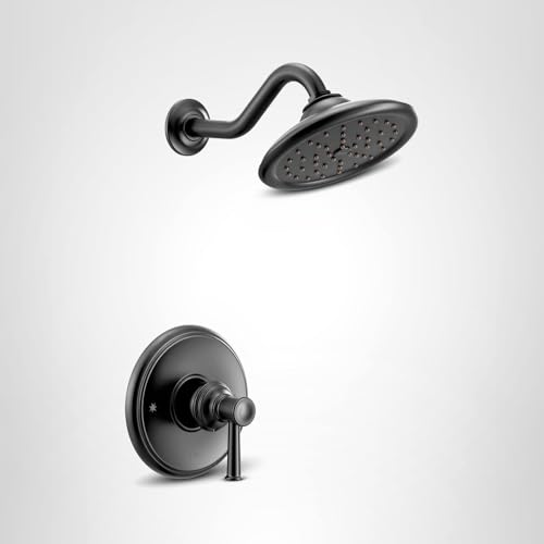 Matte black single-handle shower trim kit with round showerhead and curved arm mounted on wall.