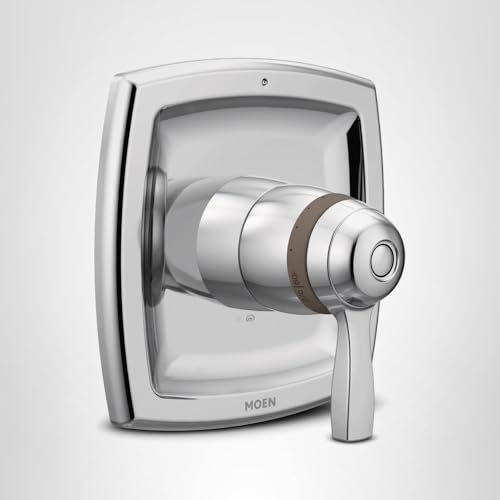 Chrome thermostatic shower valve trim kit with single lever handle and cylindrical cartridge housing mounted on square escutc
