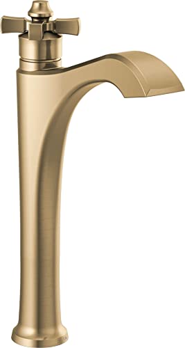 Champagne bronze single-handle vessel faucet with cross handles and curved spout.